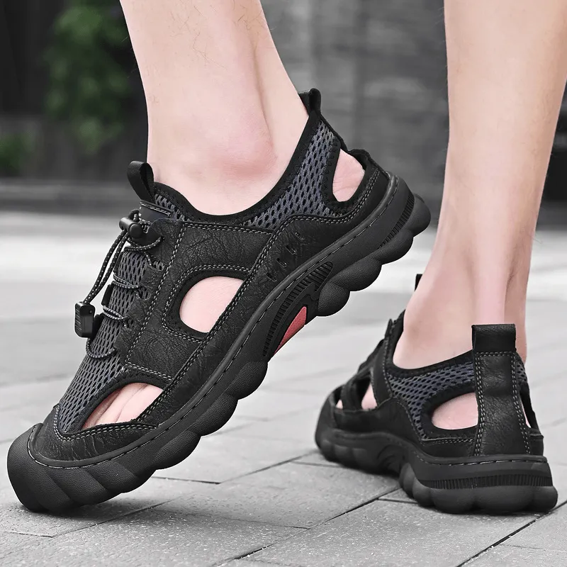 kkboxly kkboxly Men Cowhide Breathable Mesh Soft Casual Outdoor Sandals