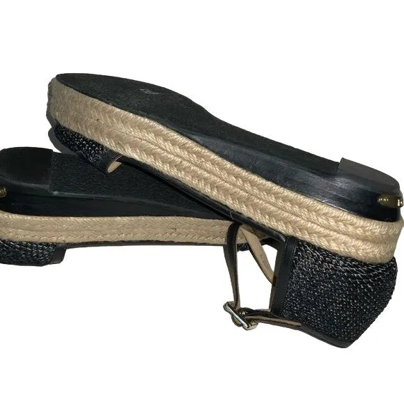 Rachel Zoe Black Raffia Ankle Strap Sandals Espadrille Wedge Soles